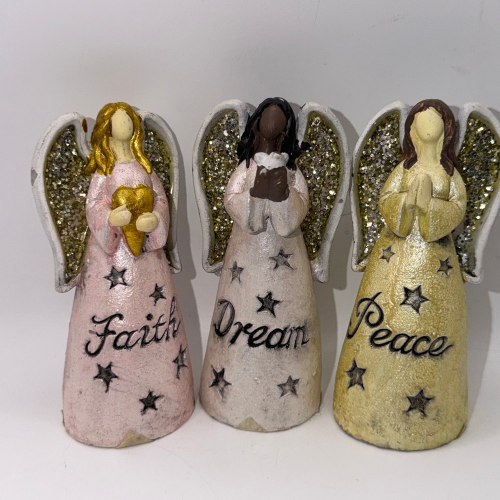 Unbranded OS Set of 3 Angel Figurines Faith Dream Peace Glitter Wings Stars